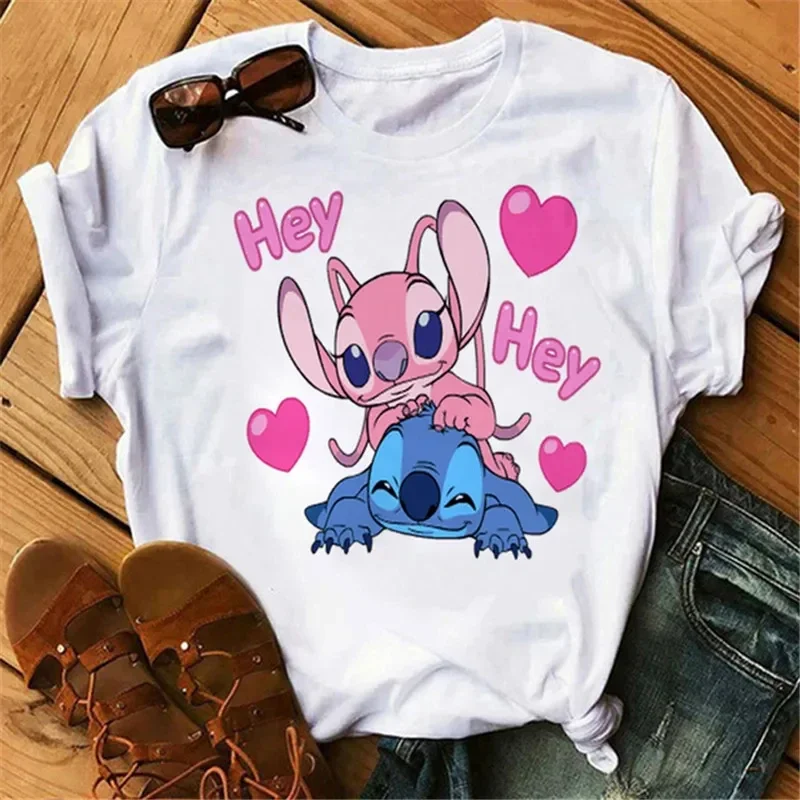 Cute Funny Disney Cartoon Stitch Ladies T-Shirt Ohana Lilo Stitch Graphic Women Cotton Tee Summer Top Female White Blouse Gift