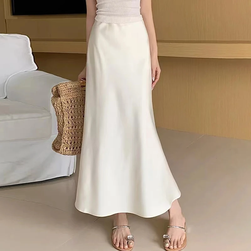 Hxao-女性用サテンモノクロスカート、ハイウエストスカート、シルクテクスチャ、エレガントなストリートウェア、スリムスカート、夏、2024