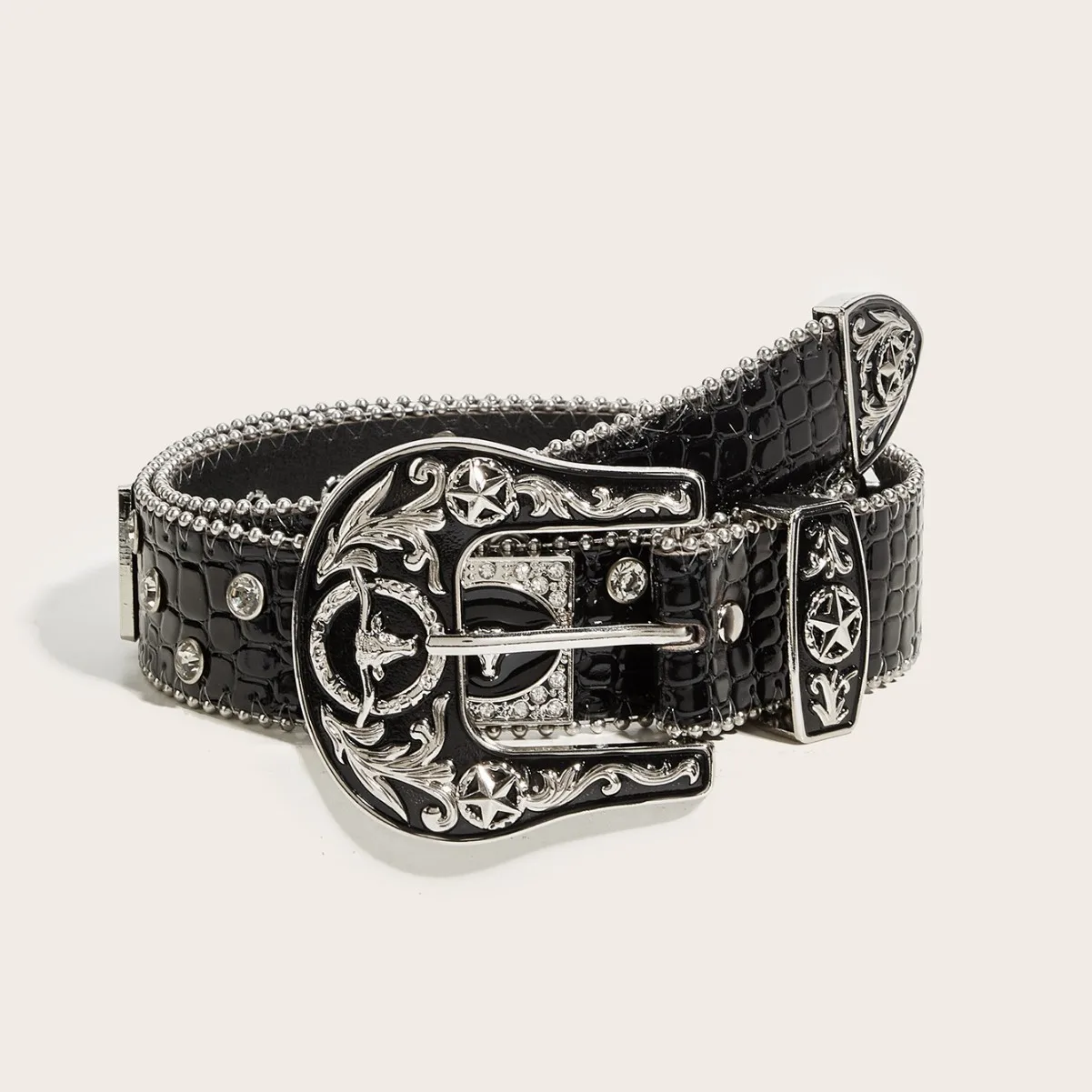 1pc Women Western Rhinestone Belt Black Croc Embossed PU Leather Cowgirl Belt With Silver Star Buckle For Jeans Dress Festival