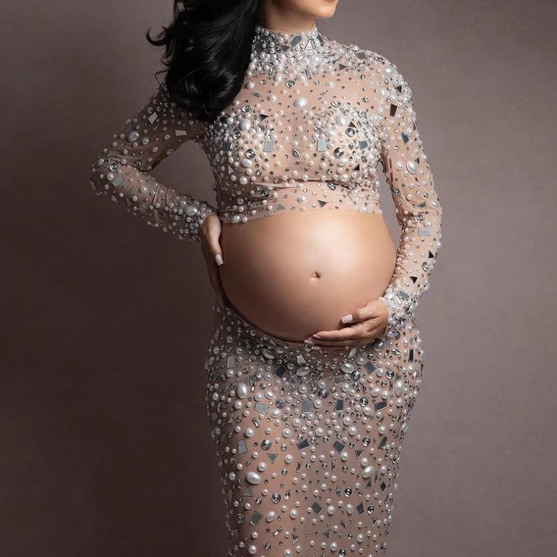 Vestido de fotografía de maternidad Sexy con cuentas, Vestido largo de tela elástica con diamantes de imitación de perlas brillantes divididas para sesión de fotos de maternidad