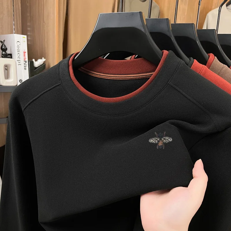 Autumn Winter Men's O-Neck Embroidery T-Shirt Solid Color Comfortable Long Sleeve Base Tops Skin Friendly Daily Wear Men's Wear view 4