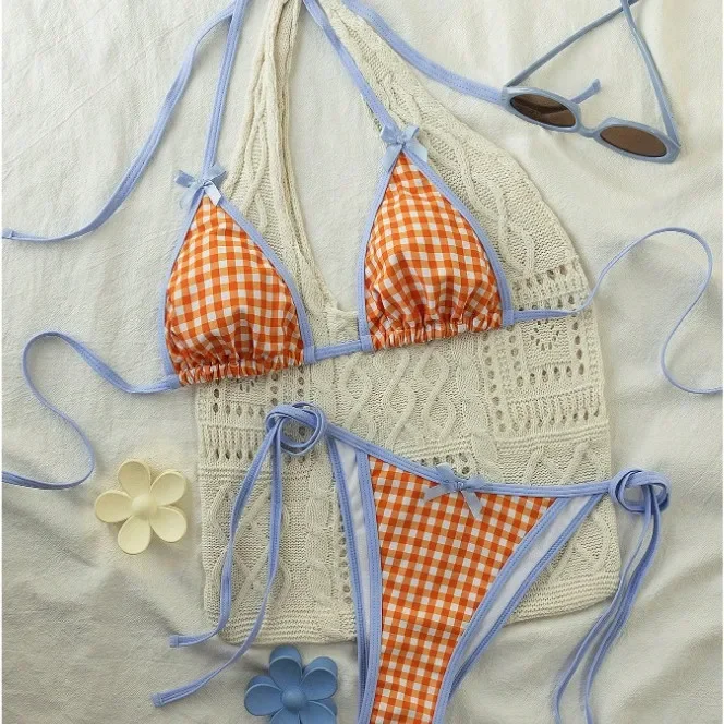 

Plaid Bikinis Bandage Women Swimsuit 2025 Female Swimwear Sexy Bikini Set Halter Beachwear Brazilian Biquini Swimming Suits