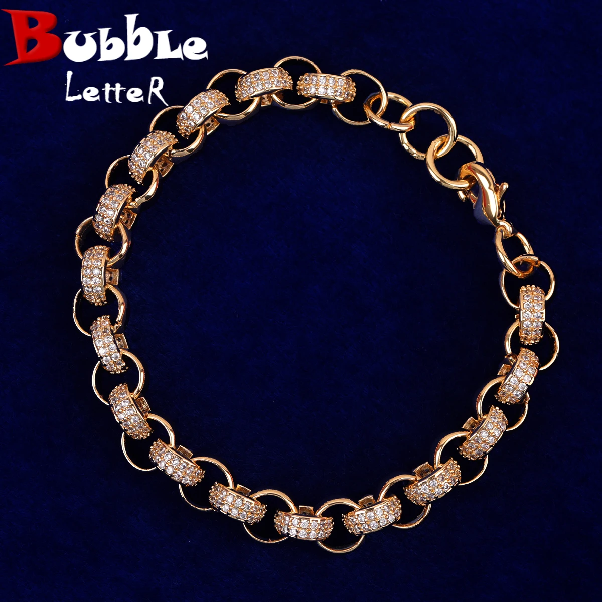 

Bubble Letter Iced Out Circle Miami Cuban Link Bracelet Real Gold Plated Prong Setting Micro Pave Hip Hop Jewelry 2022 Trend