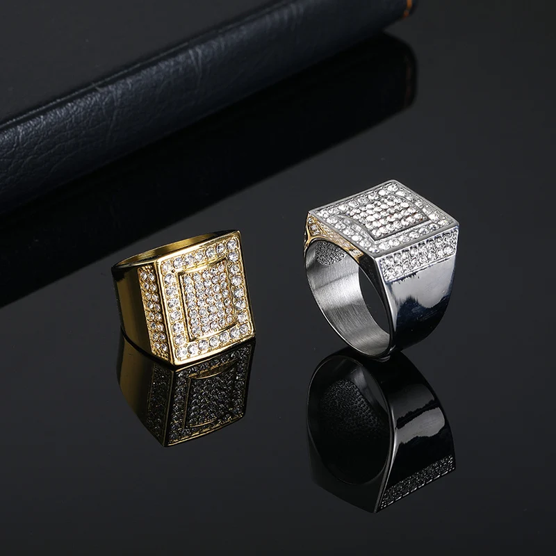 HIP HOP Bling Iced Out Gold Color Titanium Steel Geometric Square Rings for Men Rock Jewelry Drop Shipping