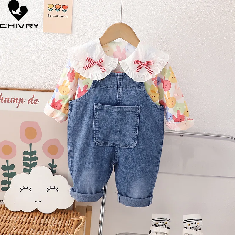 

New 2023 Autumn Baby Girls Fashion Denim Rompers Overalls with Cartoon Rabbit Lapel Long Sleeve T-shirt Tops Kids Clothing Sets