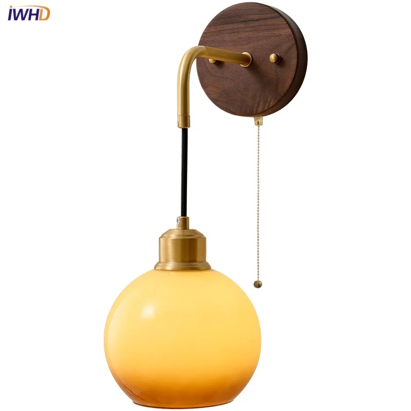 

IWHD Amber LED Wall Lamp Living Dining Room Porch Bar Walnut Wood Pull Chain Switch Bahtroom Mirror Stair Light Applique Murale