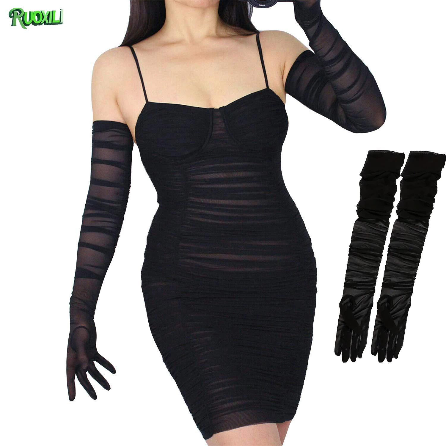 

Long Romantic Lace Gloves Elegant Evening Party Stretch Polyester Mesh Gloves with Transparent Lace Design for Prom,Banquet