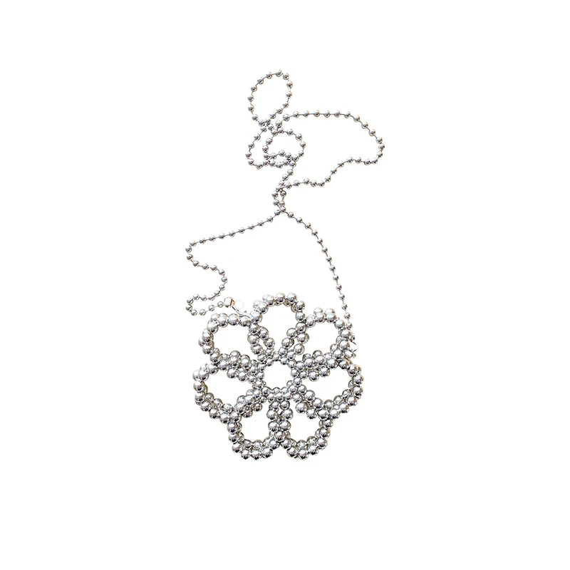 Japanese and Korean cute and sweet silver flower hollow crossbody mini phone bag handmade bead bag, sweet and cool crossbody bag