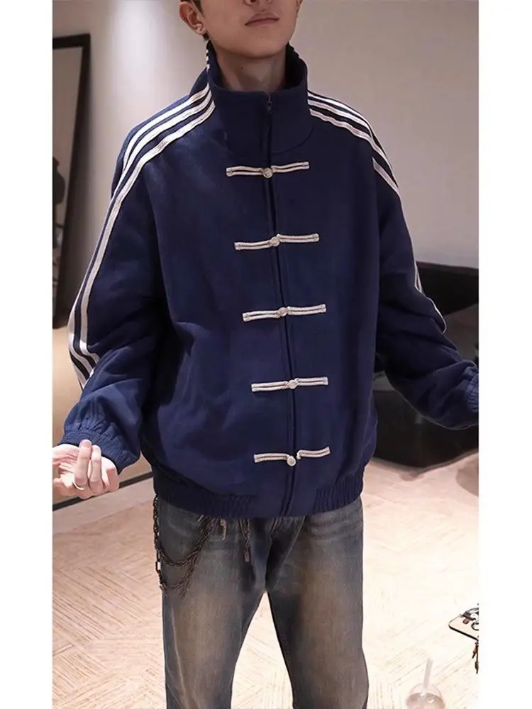 

Мужская куртка-футболка с воротником-стойкой в стиле пэчворк, сине-белая, новая, в китайском ретро-стиле, ветрозащитная, повседневная