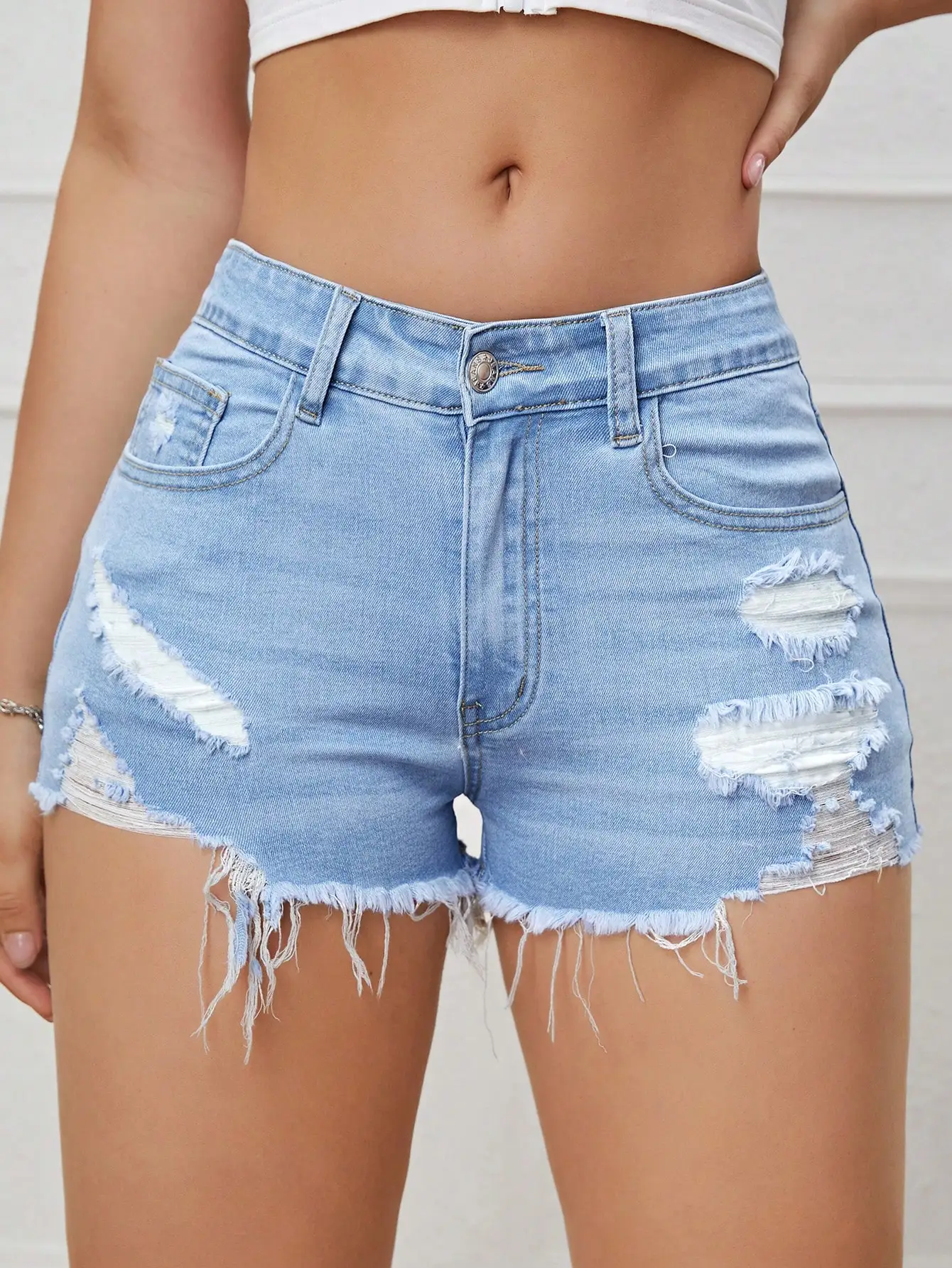 

Ripped Raw Denim Shorts For Women Fashion A-line Hem Female Jeans Summer Pants Streetwear Light Blue Skinny Sexy Retro Leisure