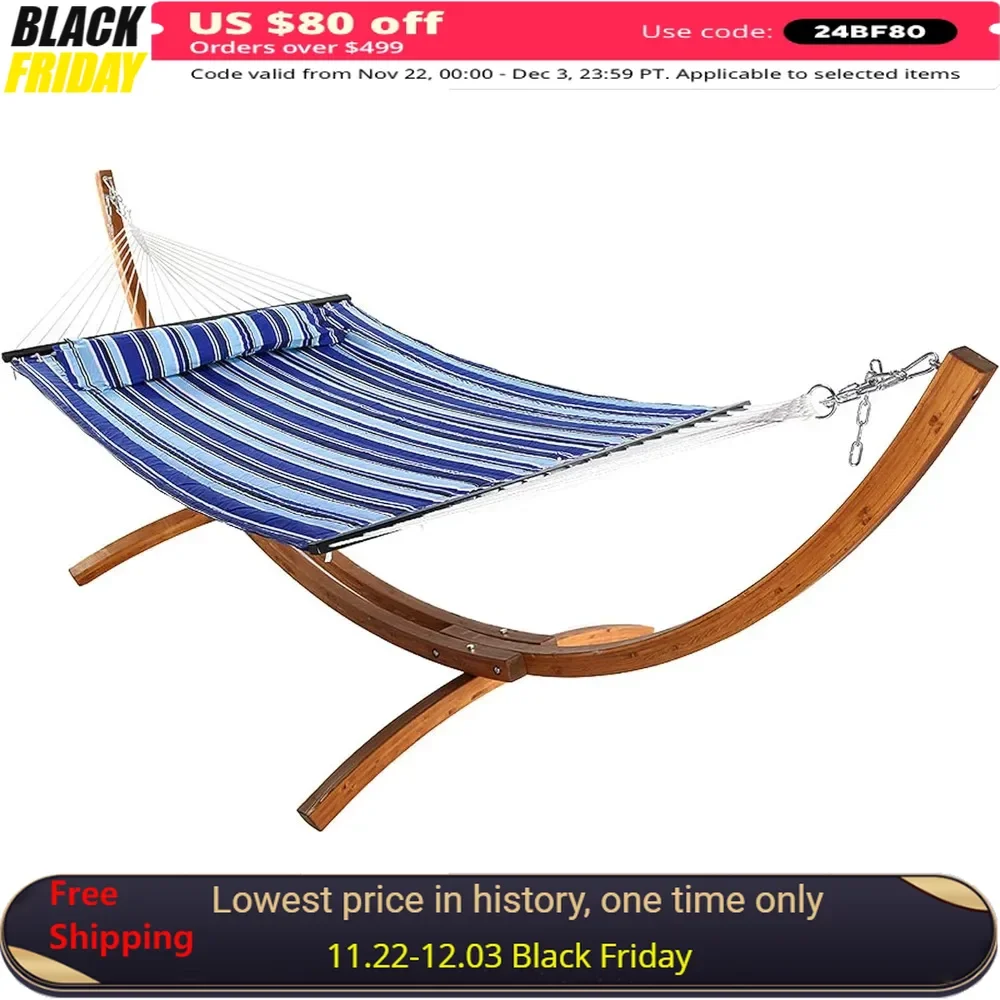 Double Quilted Fabric Hammock with 12ft Curved Wooden Stand , For Patio, Bedroom, Garden and Balcony,Deluxe Double Hammock Stand