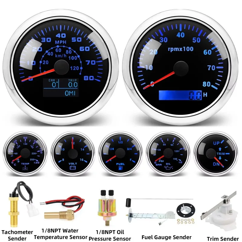 Hot Water Temp Fuel Level GPS Speedometer Oil Pressure Voltage Gauge Tachometer for 6-in-1 Set Universal Fit With All Sensors