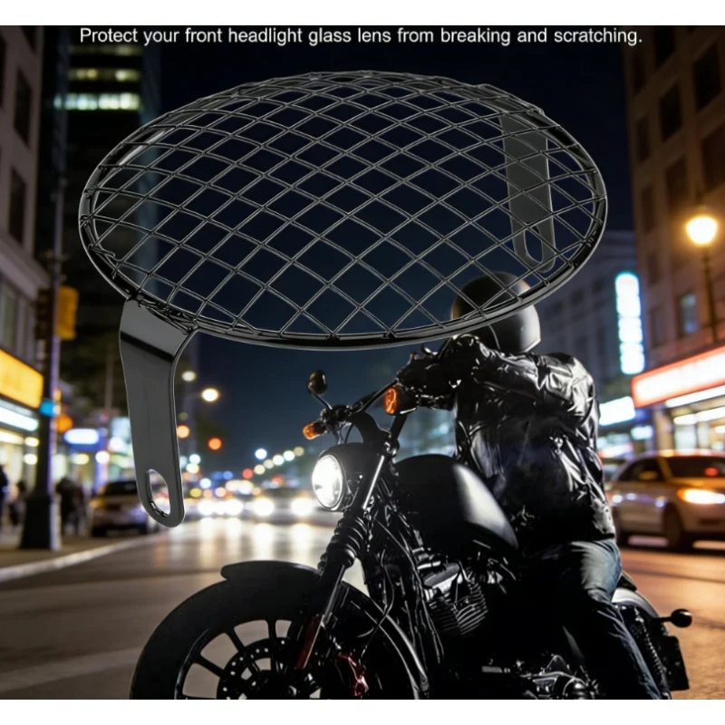Black Metal Retro Motorcycle Headlight Mesh Cover Guard Protector Universal For 6.3 Inch Round Headlights