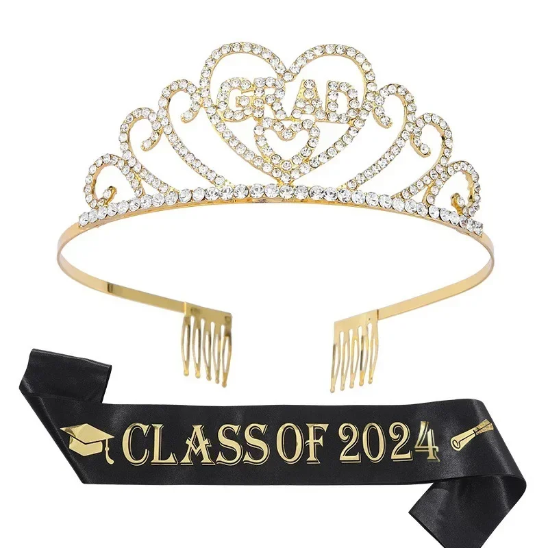 2024 Graduation Party Crown Strap Set Alloy Rhinestone Letters Graduated Headband Ceremonial Strap Hair Hoop Fashion Tiara Woman