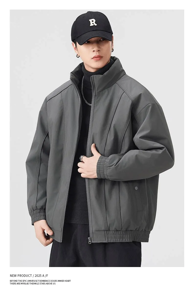 DUKEEN Men's Winter Padded Bomber Jacket Stand Collar Windproof Casual Coat Loose Fit Warm Streetwear Jacket