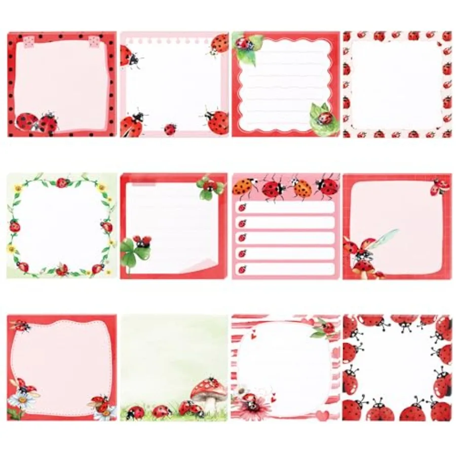 

12 Pads Ladybug Sticky Notes Set, Watercolor Ladybug Themed Self-Sticky Notepads with 12 Designs, 3 x 3 Inch Small Memo Pads fo
