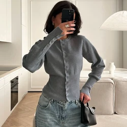 Women's High Waist Round Neck Single Breasted Cardigan Solid Long Sleeve Short Sweater Top Autumn Slim Bottoming Shirt