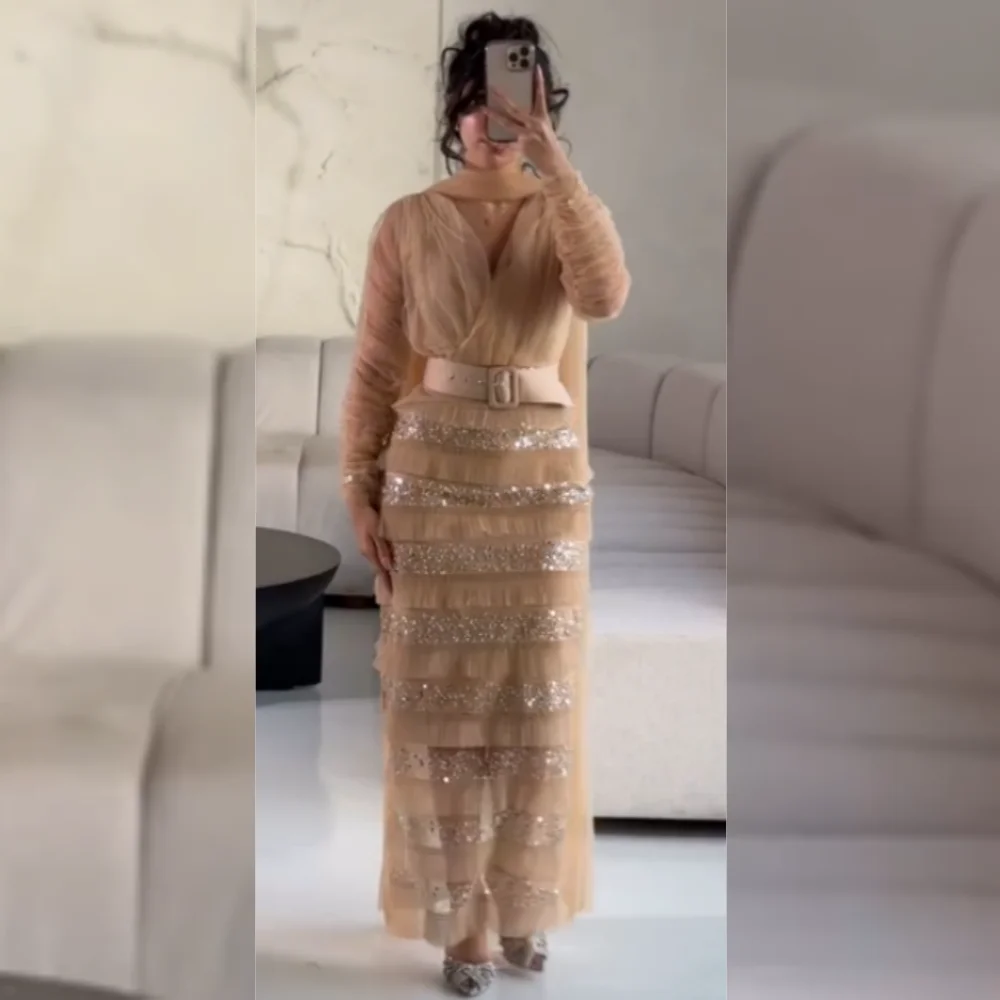 Customized Fashion Chiffon Sequined Sash Pleat A-line V-neck Midi Dresses Bespoke Occasion Chinese Style
