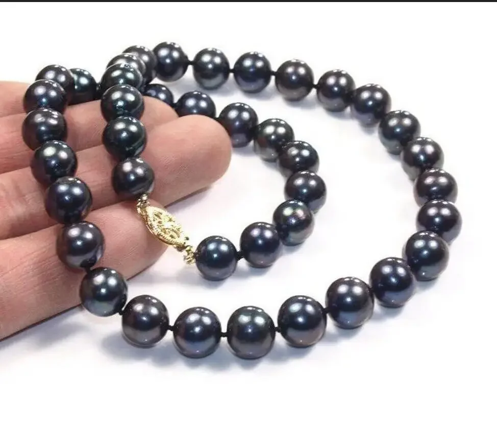 

17"9-10MM +TAHITIAN NATURAL BLACK PEARL NECKLACE gem