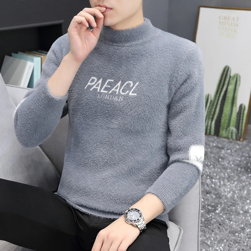 

Мужской свитер из норкового бархата с высоким воротником, зимний, модный, с вышивкой букв, базовый слой, повседневный, утепленный, нейлоновый