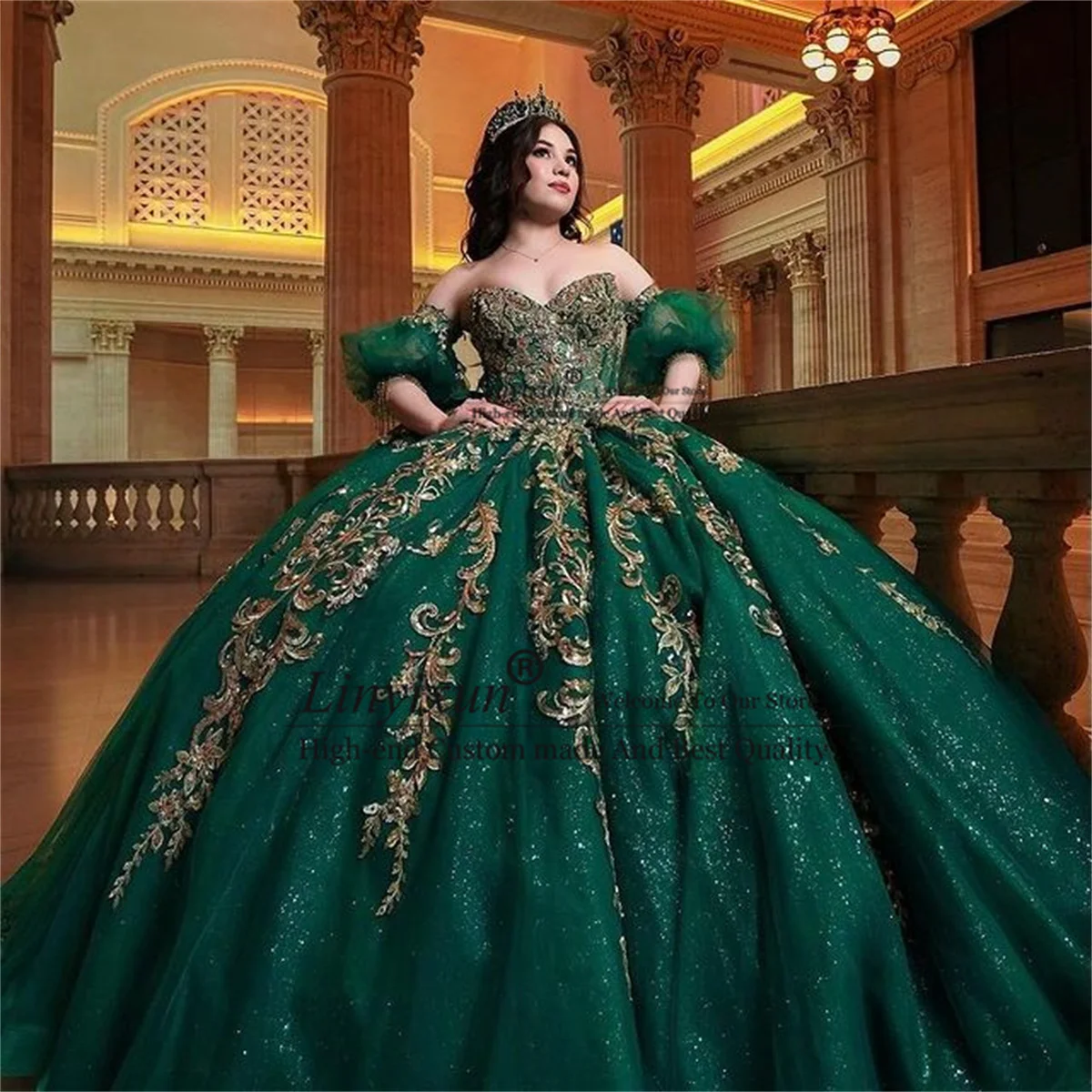 

Elegant Emerald Green Ball Gown Quinceanera Dresses Appliques Beading Crystals Off Shoulder 16 Dress Vestido De 15 Anos Lace-Up