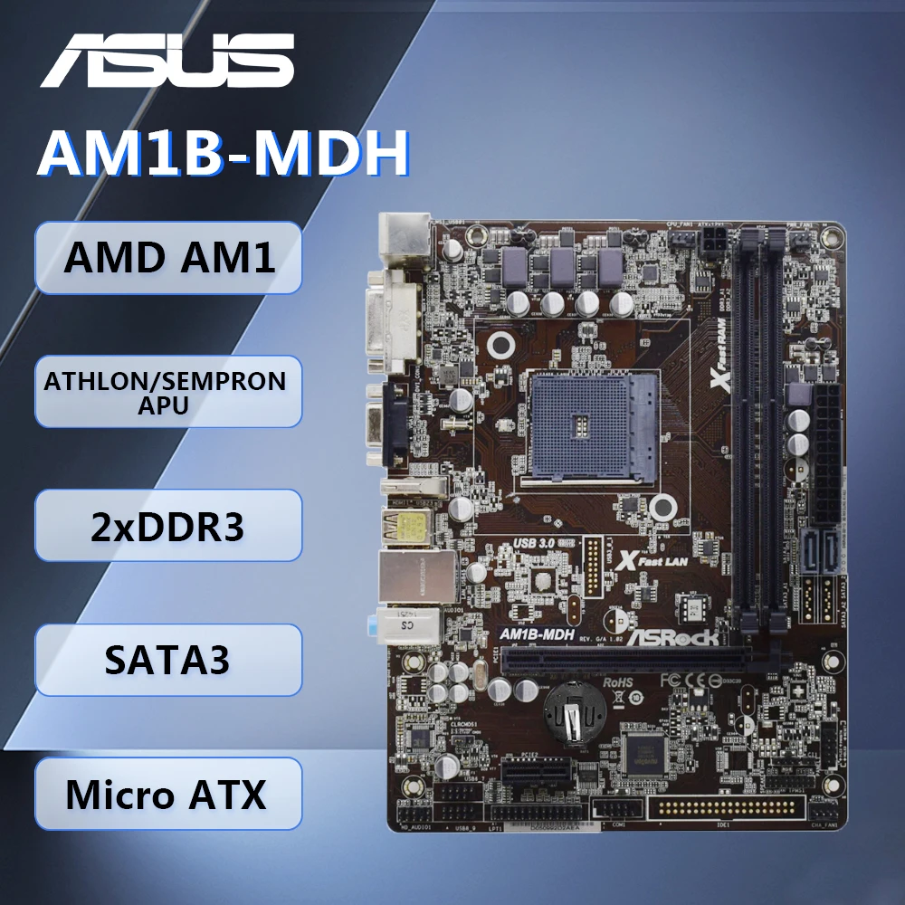 

ASRock AM1B-MDH Motherboard M-ATX AMD Socket AM1 DDR3 SATA3 HDMI VGA DVI-D Audio for Athlon/Sempron APU