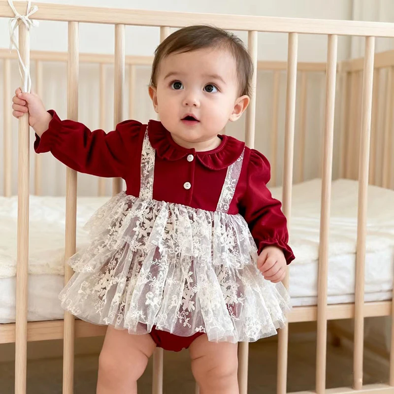 

Рождественская одежда для новорожденных, осенние комбинезоны для девочек 0-3 лет, детские красные комбинезоны с круглым вырезом, детская цельная милая одежда для малышей