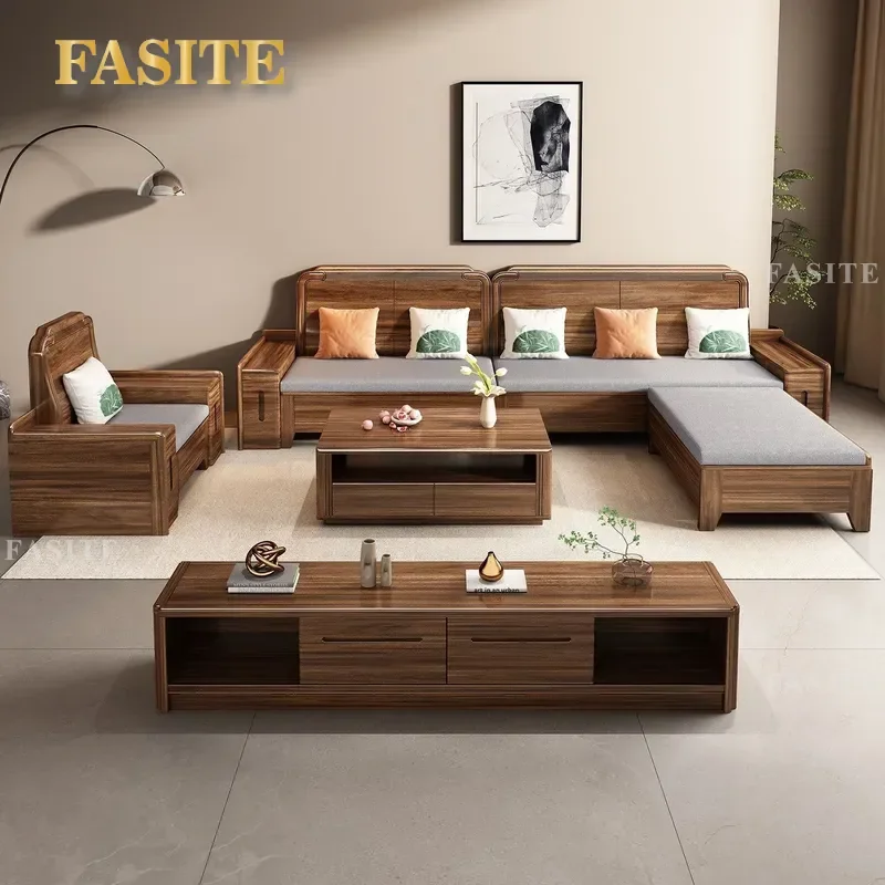 For Living Room New Chinese Style Black Walnut Solid Wood Sofa Combination Corner Chaise Lounge Dual Purpose Storage