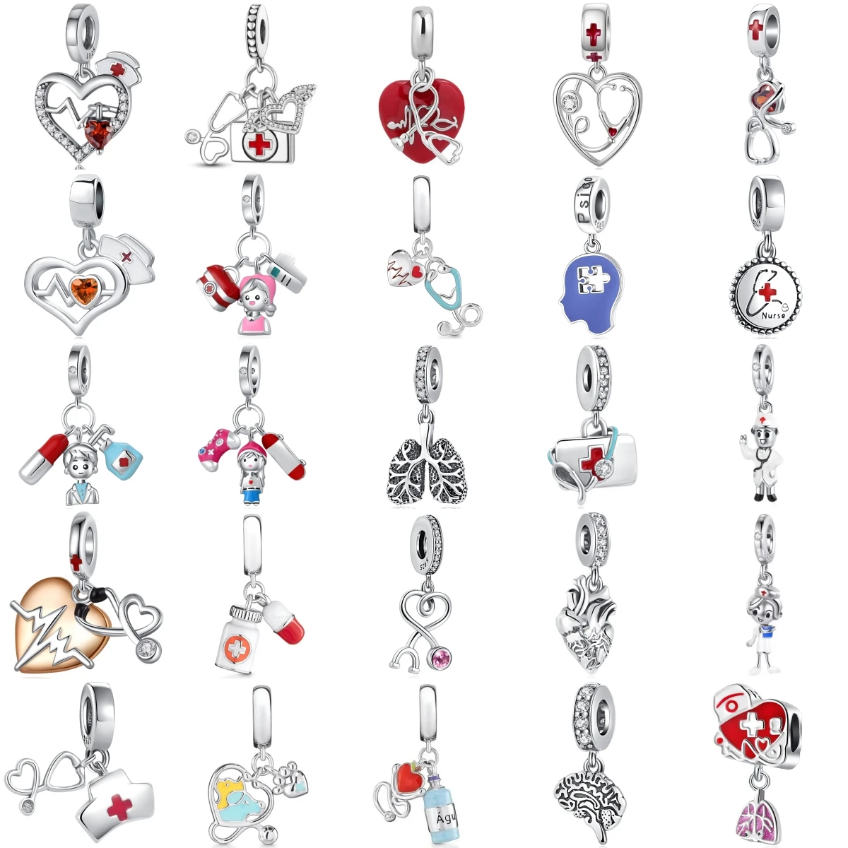 925 Sterling Silver Medical Nurse Charms Stethoscope Heart Lung Brain Pill Paramedic Doctor Dangle Jewelry Gift