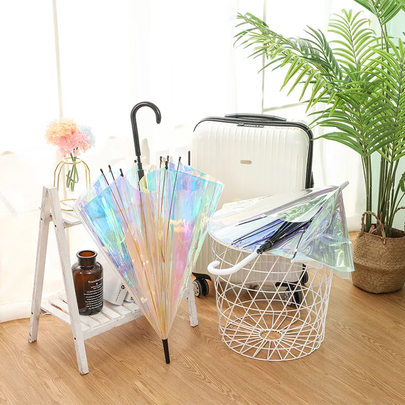 Laser Semi-Auto Transparent Umbrella Fashion Colorful Long Handle Umbrella