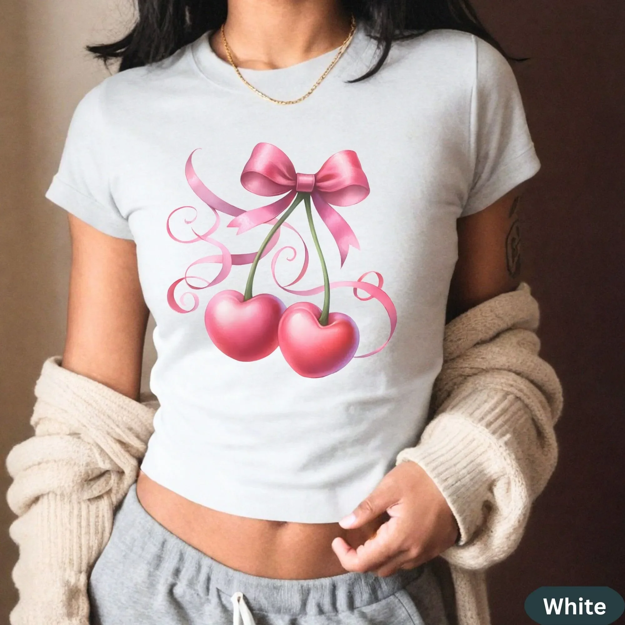

Cherries Trendy Y2K Aesthetic Baby T Shirt Pink Bow Crop Top Balletcore Cherry Soft Girl Preppy