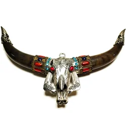 Real OX Horn Embedded Alloy Ox Head Handmade Authentic Buffalo Horn Ornament Amulet Pendant Home Decor Accent Table Display