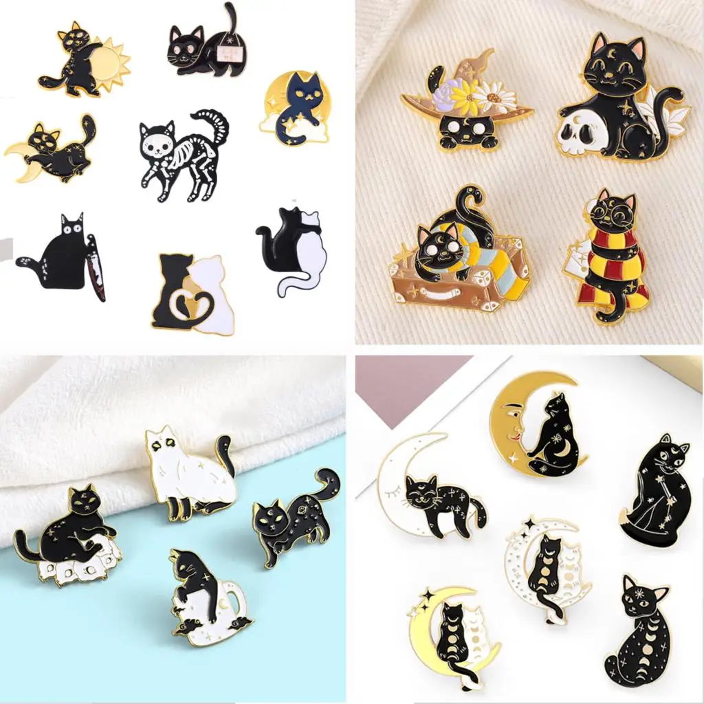 Broche de gato, broche delicado de gato con forma de luna, broche de animal, broche de gato blanco, broche de gato negro Punk, Pin de gato para pareja, lindo pequeño negro