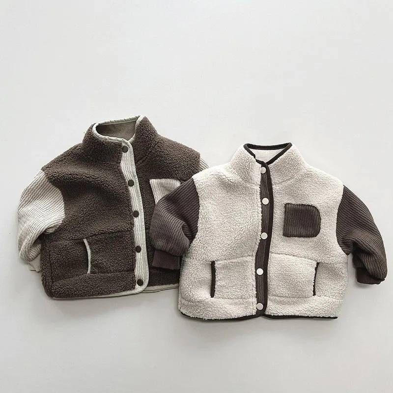 

Children Long Sleeve Plush Coat Winter New Baby Boys Girls Contrasting Colors Casual Cardigan Jacket Kids Warm Thick Tops