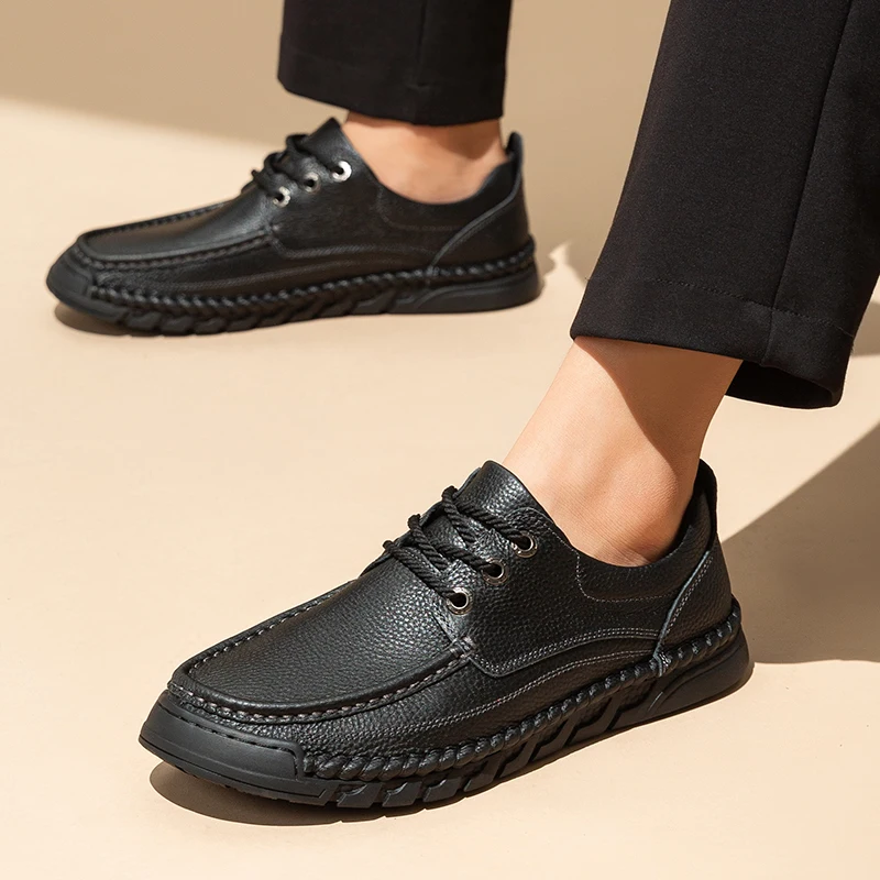 

Winter Hot Men Lace Up Leather Men's Shoes Quality Soft Comfortable Commuting Casual Shoes Flat Bottomed Anti Slip Driving Shoes