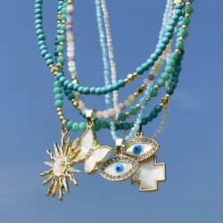 Bohemia  Multilayer Colour Natural Stone Crystal  Beaded Necklace Set for Women Evil Eyes Dopamine Pendant Chain Female Jewelry