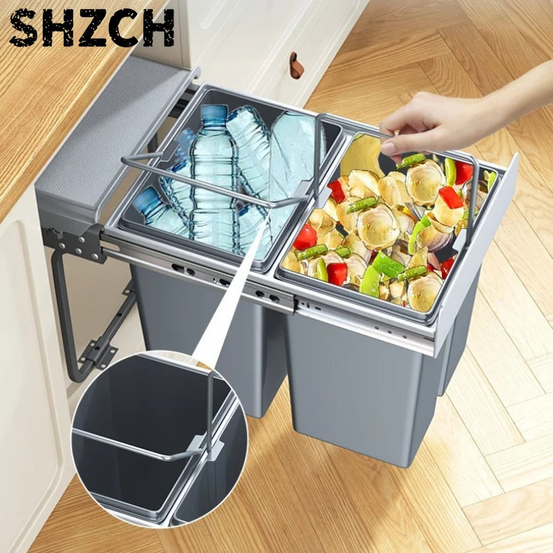 Under Cabinet Kitchen Trash Can Built in Double Bin with Lid for Drawer Hidden Waste Sorting Basket Slide Out Garbage Container