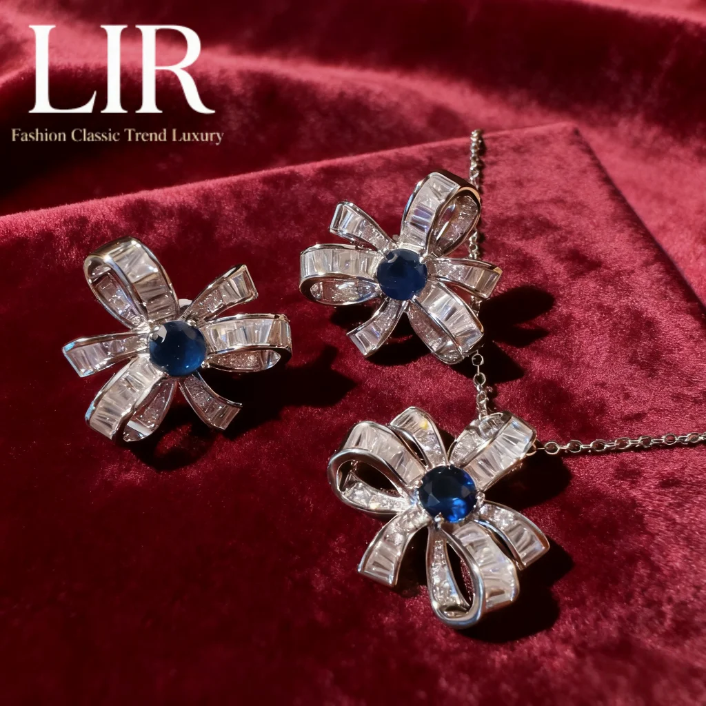 

LIR Women's Custom Jewelry Set: Ocean Comet Royal Sapphire Bow Necklace, Butterfly AAA Zircon Earrings