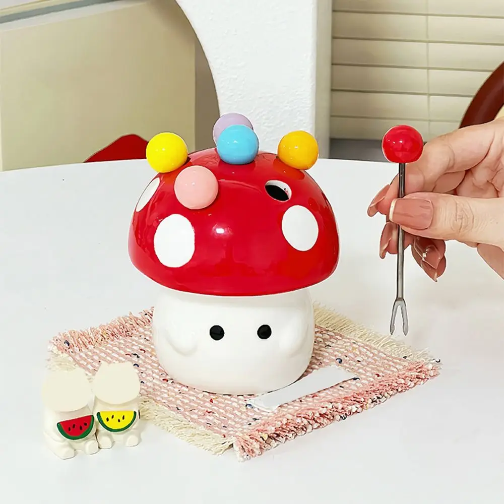 

Creative Mushroom Fruit Fork Anti-scald Rustproof Dessert Salad Fork Comfortable Grip Portable Cute Toothpick with Holder