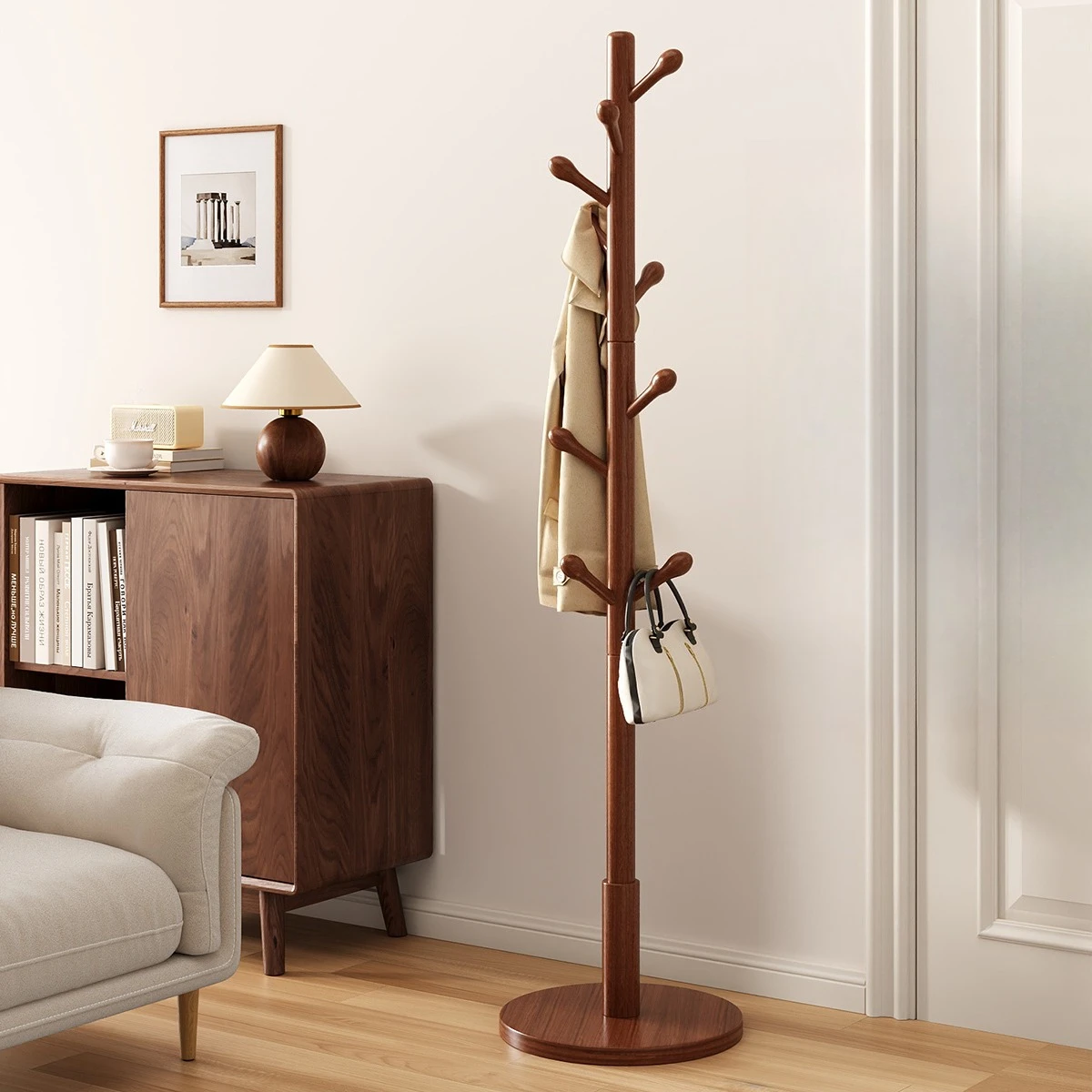 

Solid wood floor coat rack bedroom household simple vertical wax wood hanger rod indoor hanger