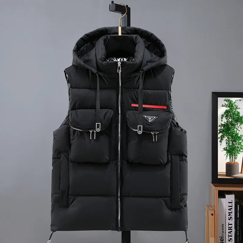 

#3664 Black Gray Sleeveless Jacket Men Zipper Hooded Vest Coat Double Pockets Warm Vest Man Outerwear Waistcoat Men Winter