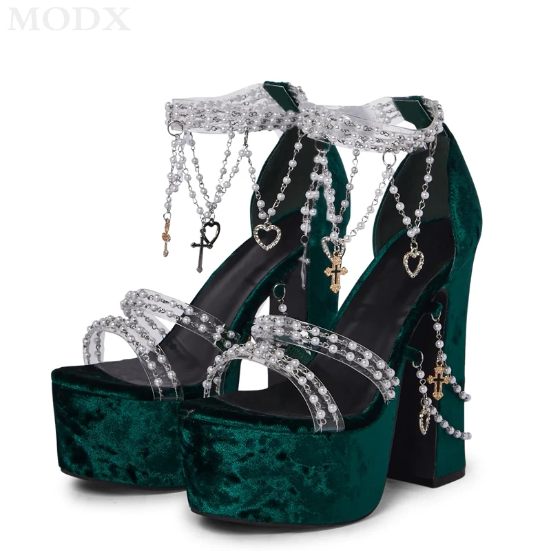 Groene Suède Platform Dikke Hoge Hakken 2024 Zomer Meisjes Parel Ketting Decor All-Match Sandalen Mode Sexy Catwalk Nachtclubschoenen