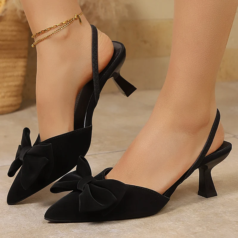 

Black Satin High Heel Sandals Women 2026 Summer Pointed Toe Thin Heels Slingback Sandals Woman Plus Size 43 Ladies Party Shoes