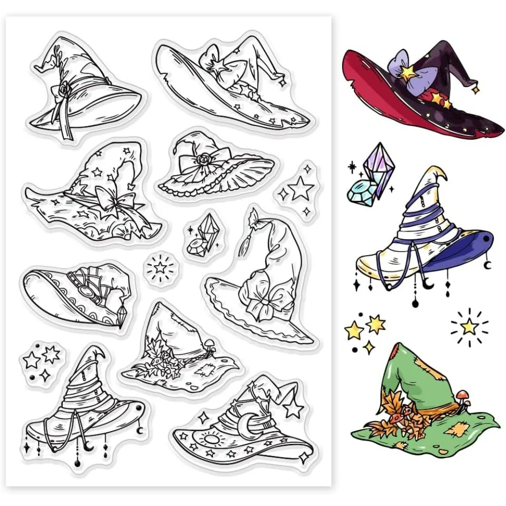 Witch Hat Clear Stamps, Decorative Rubber Stamps Silicone Stamps Transparent Paper Craft Stamps for Journaling Card Making DIY