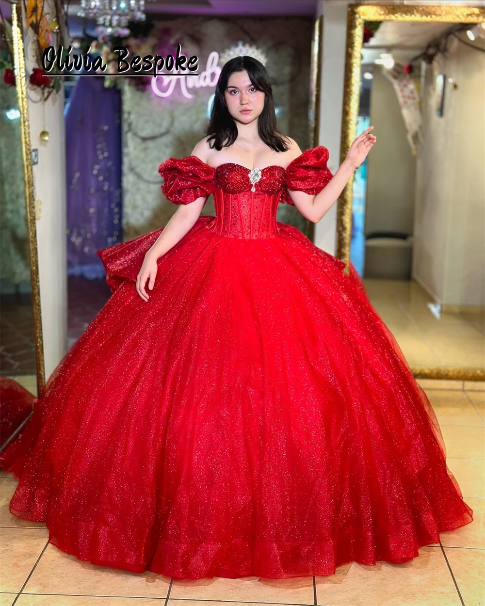 Shimmery Red 15 Year Old Quinceanera Dresses Off The Shoulder Beaded Crystal Ball Gown Mexican Birthday Graduation Dress