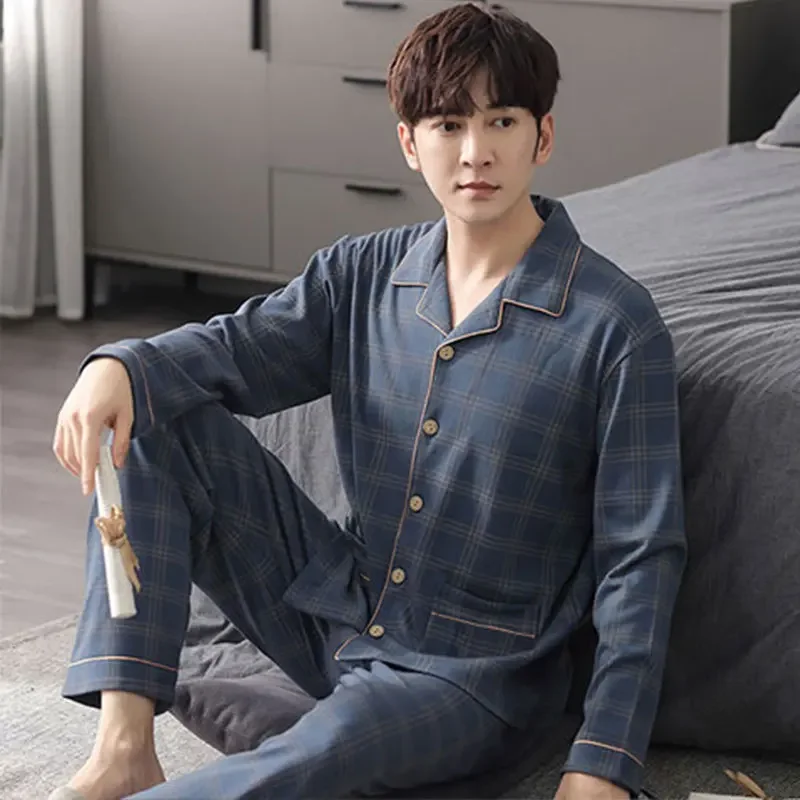 Winter 2 Sets of Men Pajamas Senior Sense Letters Elephant Cardigan Long-Sleeved Student Homewear Man Plaid Sleepwear Loungewear