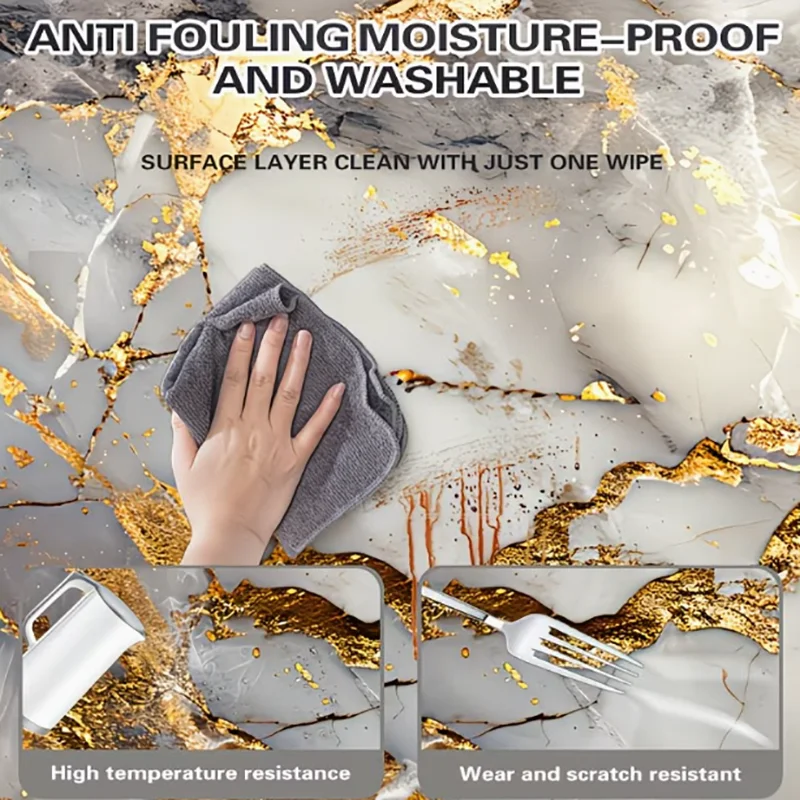 Kitchen Cabinet Sticker And Oil-Proof Sticker Gold Marble Pattern Waterproof Stain-Resistant Self-Adhesive And Easy To Clean. view 5