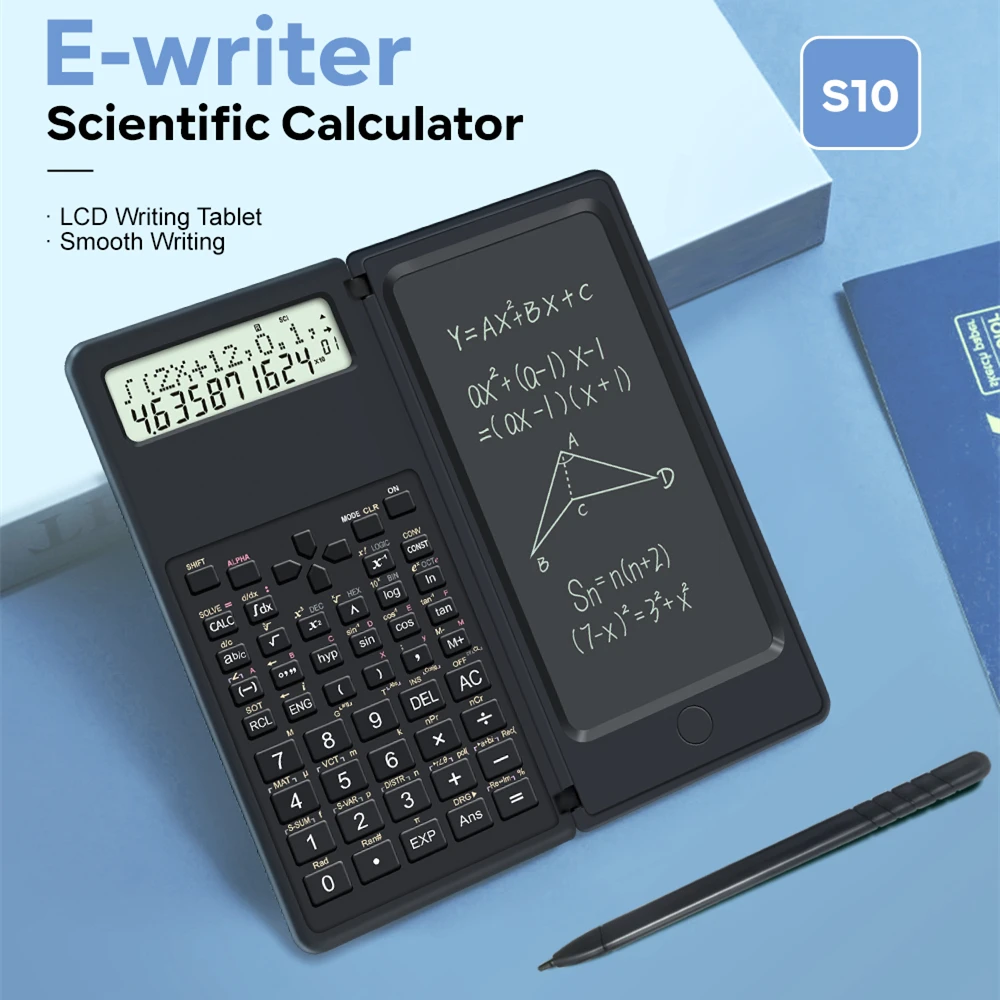 2 in 1 Foldable Scientific Calculators 10 Digits LCD Display With 6 Inch Writing Tablet Support Stylus Pen Erase Button Lock