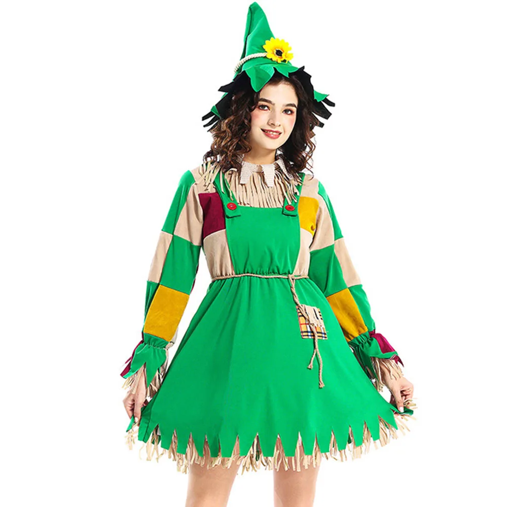 Halloween Costume Women Adult Green Fake Two Straw Man Cosplay Stage Costume Halloween Theme Party Clothing