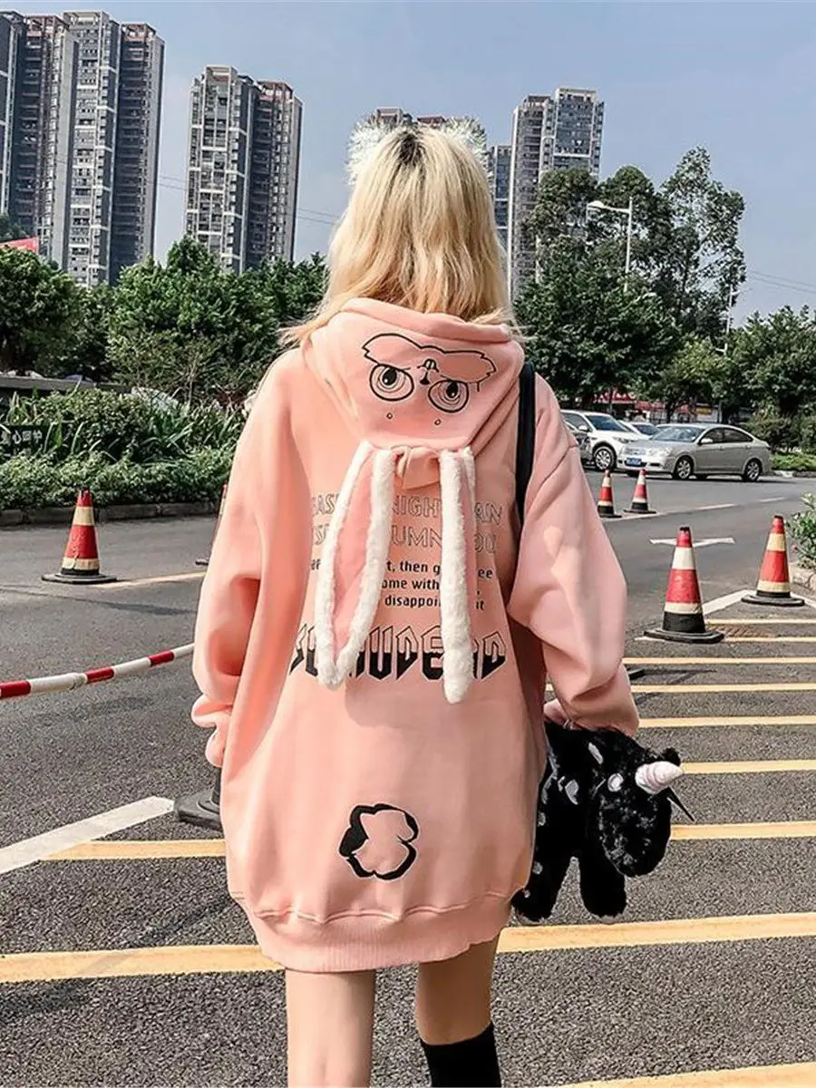 Cute Harajuku Pink Hoodie Sweatshirt Spring Teens Women Autumn Kawaii Loose Korean Tops Hip Hop Pollover Oversized Hoodies Coats